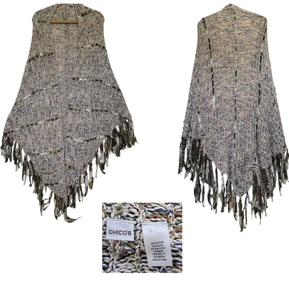 Chico's Boho Open-Knit Fringe Poncho Shawl Wrap Earthy Festival Multicolor - Picture 1 of 12
